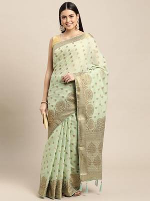 Sea Green Woven Cotton Silk Saree With Blouse 1