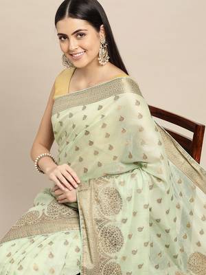 Sea Green Woven Cotton Silk Saree With Blouse 2