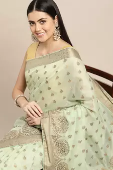 Sea Green Woven Cotton Silk Saree With Blouse