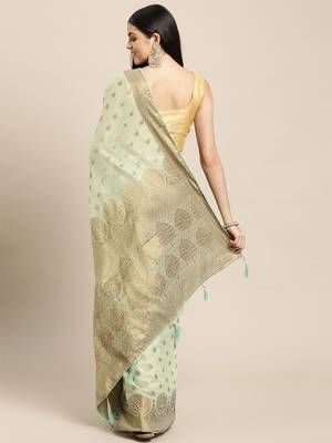 Sea Green Woven Cotton Silk Saree With Blouse 3