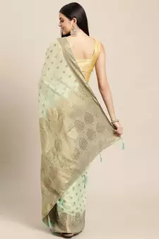 Sea Green Woven Cotton Silk Saree With Blouse