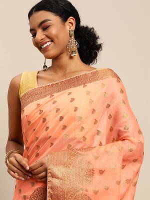 Coral Woven Cotton Silk Saree With Blouse 2