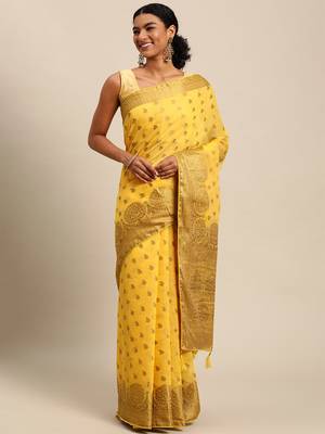 Yellow Woven Cotton Silk Saree With Blouse 1
