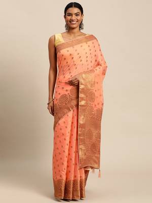 Coral Woven Cotton Silk Saree With Blouse 3