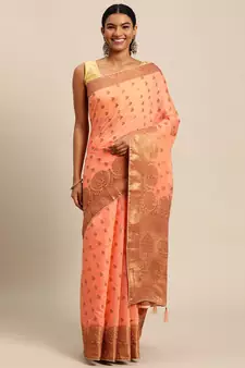 Coral Woven Cotton Silk Saree With Blouse