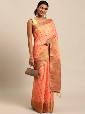 Coral Woven Cotton Silk Saree With Blouse 4