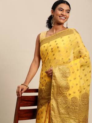 Yellow Woven Cotton Silk Saree With Blouse 2