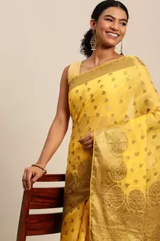 Yellow Woven Cotton Silk Saree With Blouse