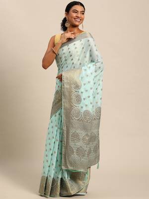 Aqua Blue Woven Cotton Silk Saree With Blouse 1