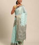 Aqua Blue Woven Cotton Silk Saree With Blouse