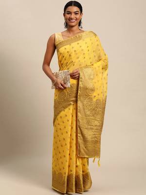 Yellow Woven Cotton Silk Saree With Blouse 3