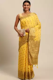 Yellow Woven Cotton Silk Saree With Blouse