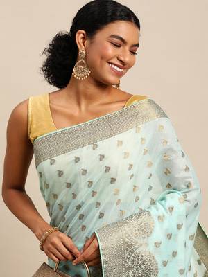 Aqua Blue Woven Cotton Silk Saree With Blouse 2