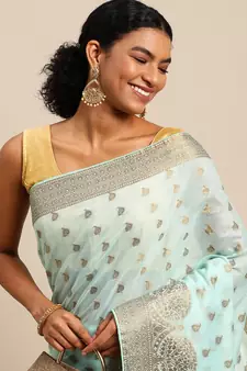 Aqua Blue Woven Cotton Silk Saree With Blouse