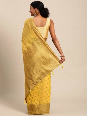 Yellow Woven Cotton Silk Saree With Blouse 4