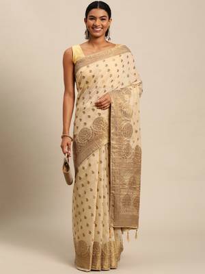 Beige Woven Cotton Silk Saree With Blouse 1
