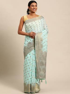 Aqua Blue Woven Cotton Silk Saree With Blouse 3