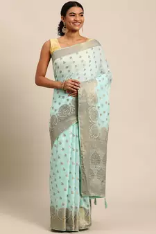 Aqua Blue Woven Cotton Silk Saree With Blouse