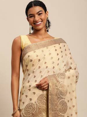Beige Woven Cotton Silk Saree With Blouse 2