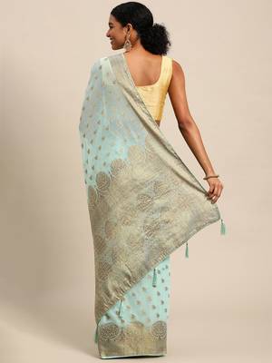 Aqua Blue Woven Cotton Silk Saree With Blouse 4