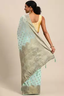 Aqua Blue Woven Cotton Silk Saree With Blouse