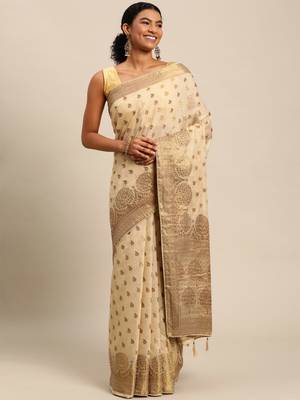 Beige Woven Cotton Silk Saree With Blouse 3