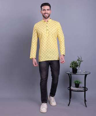 Yellow printed cotton men-kurtas 1