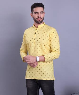 Yellow printed cotton men-kurtas 3