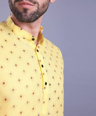 Yellow printed cotton men-kurtas 4