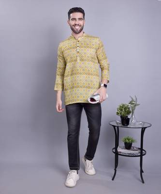 Yellow printed cotton men-kurtas 1