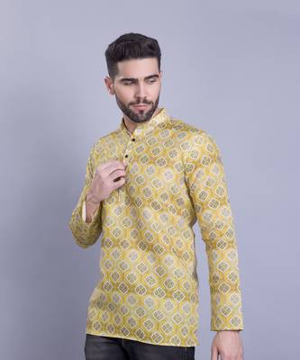 Yellow printed cotton men-kurtas 3