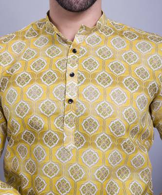 Yellow printed cotton men-kurtas 4