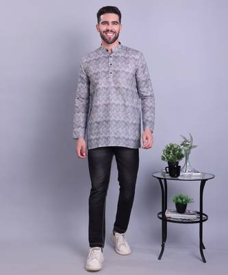 Grey printed cotton men-kurtas 1