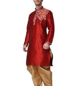 Red embroidered dupion silk kurta-pajama