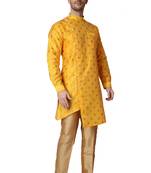Orange printed silk blend kurta-pajama