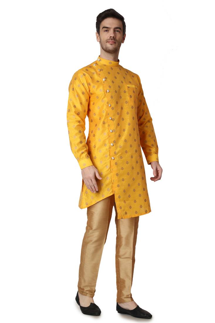 Orange printed silk blend kurta-pajama