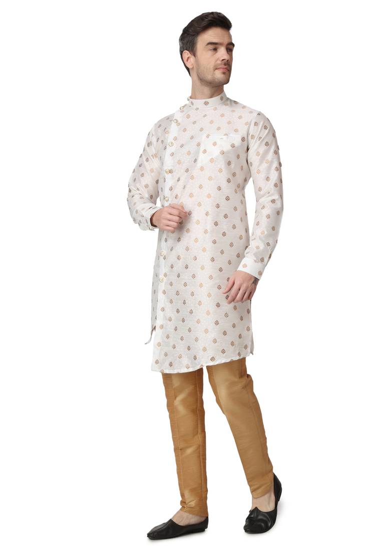 White printed silk blend kurta-pajama