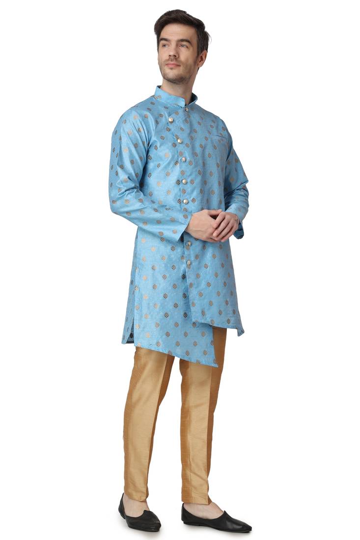 Blue printed silk blend kurta-pajama