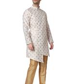 White printed silk blend kurta-pajama