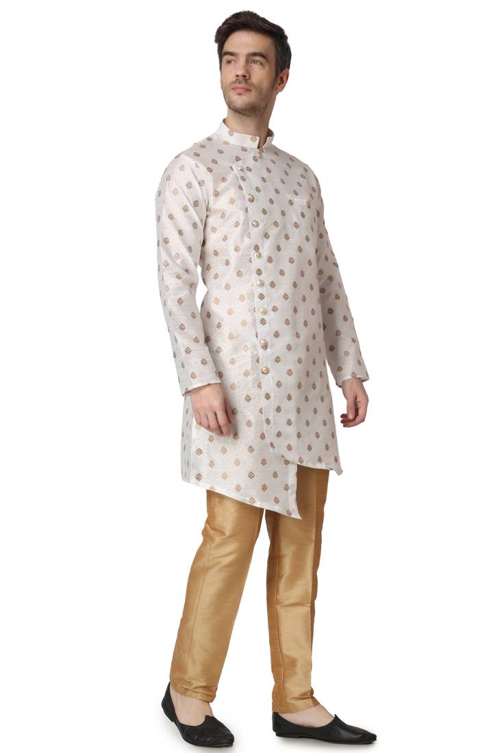 White printed silk blend kurta-pajama