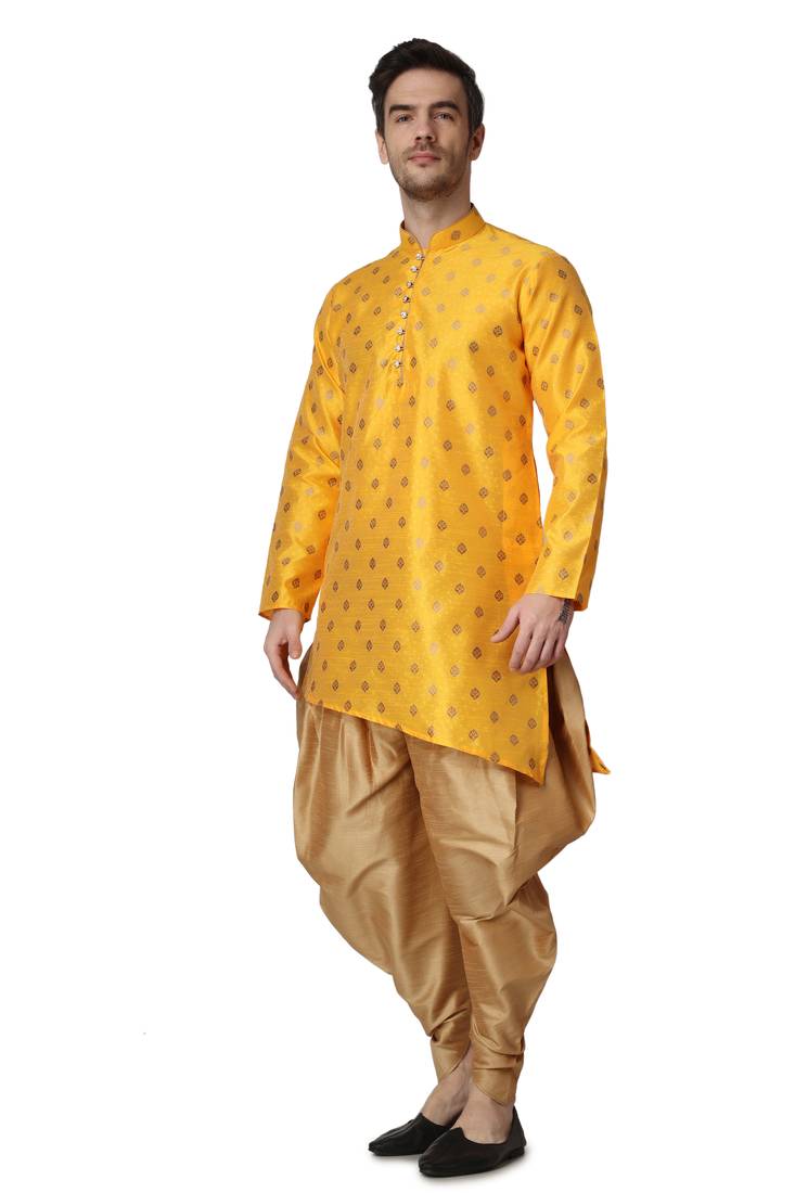 Orange printed silk blend kurta-pajama