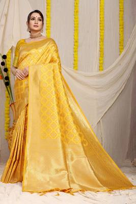 YELLOW BANARASI SILK SAREE WITH WWAVIVNG WORK  1