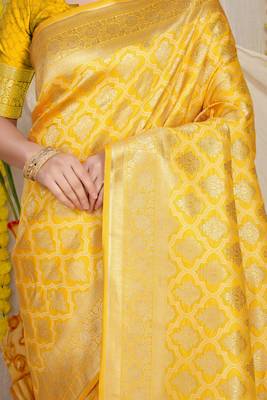 YELLOW BANARASI SILK SAREE WITH WWAVIVNG WORK  2