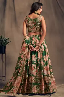 Green Sequins and Zari Embroidery on digital printed organza fabric indian wedding lehenga choli dress