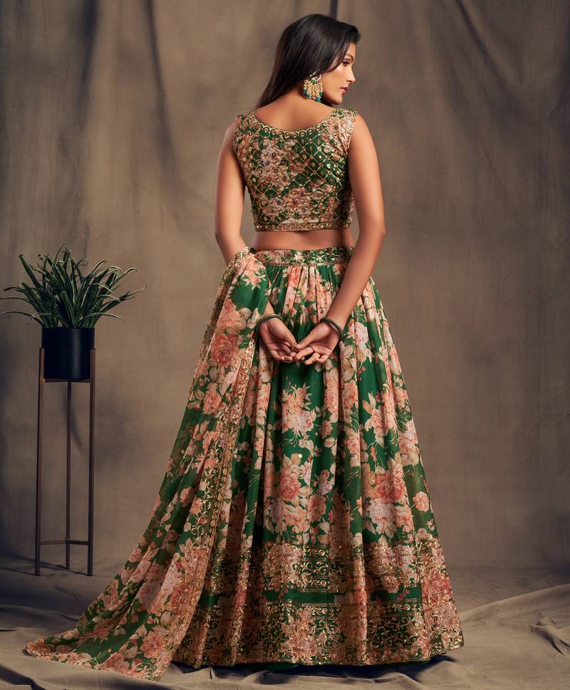 Green Sequins and Zari Embroidery on digital printed organza fabric indian wedding lehenga choli dress