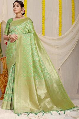 GREEN  BANARASI STUNNING SAREE WITH BLOUSE  1