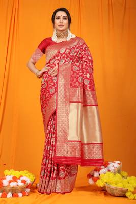 RED BANARASI SILK BEAUTIFUL SAREE WITH BLOUSE  1