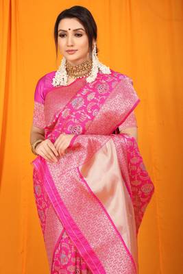 PINK BANARASI SILK FESTIVE SAREE WITH BLOUSE  3