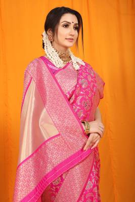 PINK BANARASI SILK FESTIVE SAREE WITH BLOUSE  4