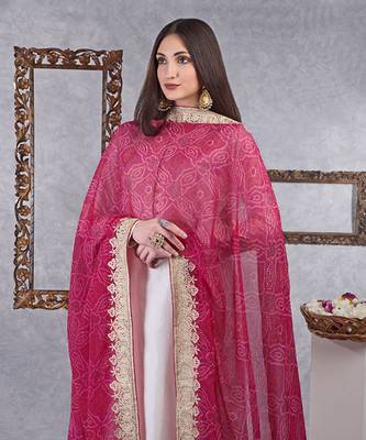 Magenta Bandhani Kashmiri Tilla Embroidered Dupatta With Kurta Set 3